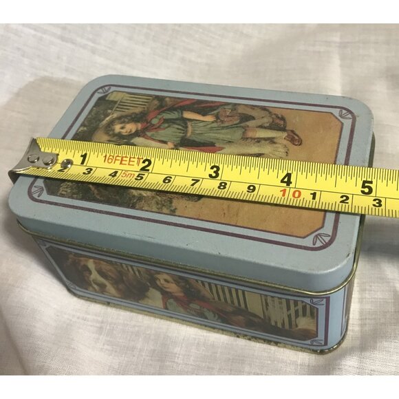 Vintage Tin Box With Girl & St. Bernard Dog Print Blue Trim Nostalgic 5" X 3 " - Picture 9 of 9